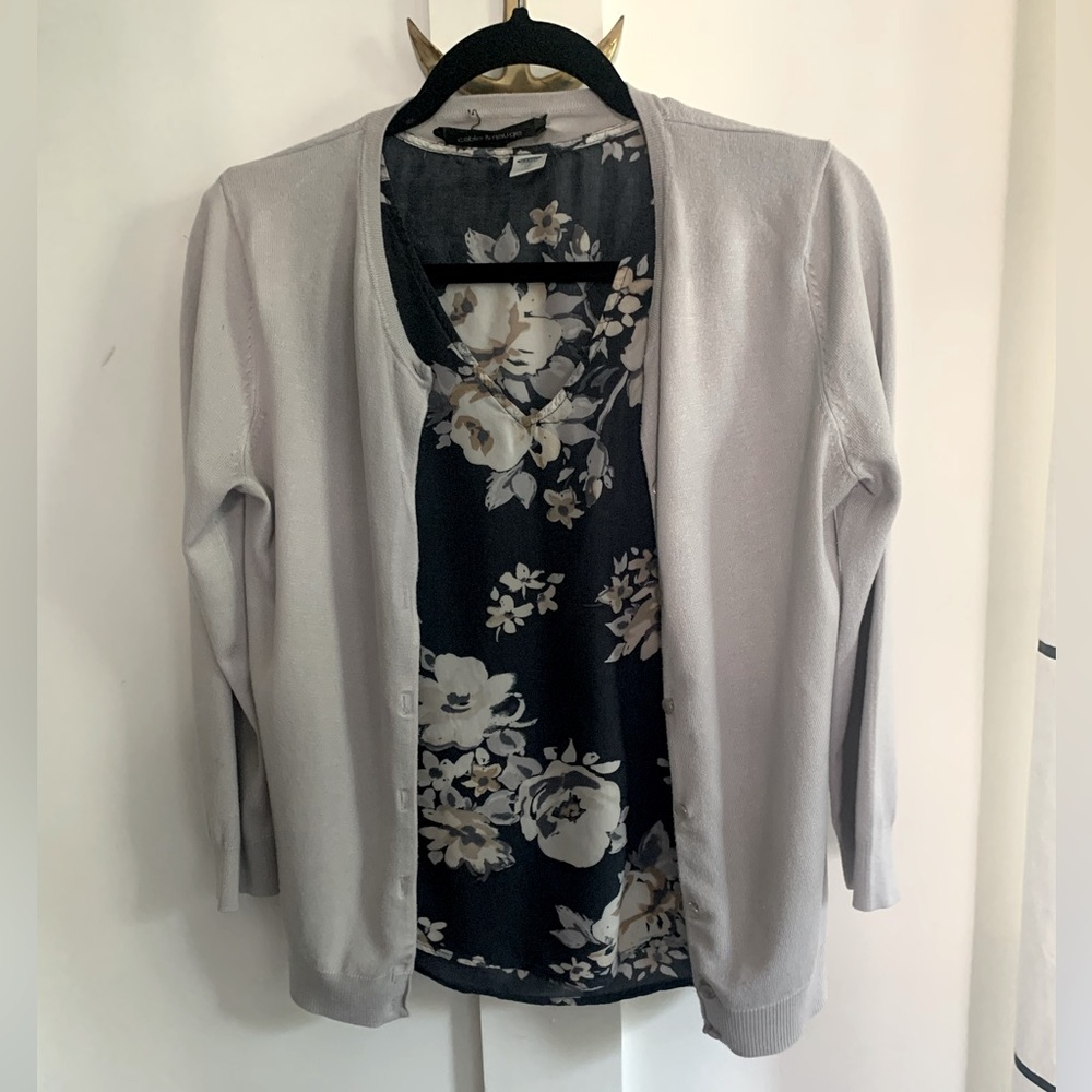 Women’s Cardigan Tank Combo Cable & Gauge Old Navy S/XS Gray Taupe Floral